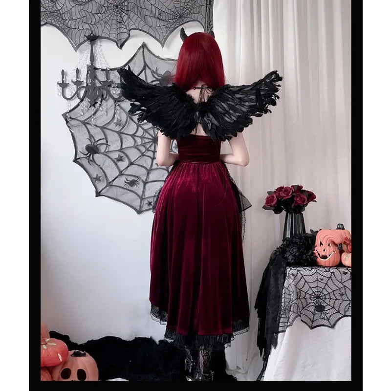 Cospaly Dark Gothic Halloween sexy lace dovetail halter dress Dovetail Witch Demon Vampire Ghost bridal dress - Charlie Dolly