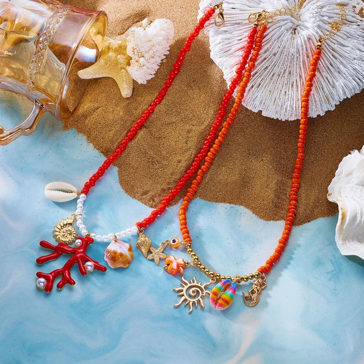 Summer Rice Beads Resin Coral Shell Pendant Necklace For Women Men Boho Summer Conch Choker Vacation Party Fashion Jewelry Gifts