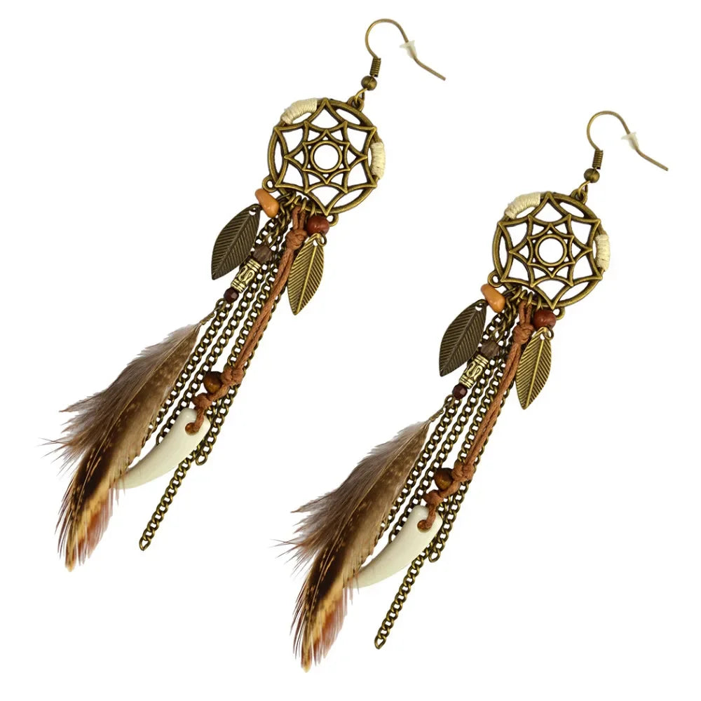 Boho Ethnic Dream Catcher Feather Antique Long Hook Earrings Fancy Handmade Chain Tassle Earring For Women Jewelry