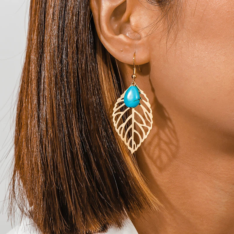 Boho Vintage Turquoise Water Drop Stud Earrings for Women Star Heart Flower Tribe Earring Statement Valentine Day Gift Jewelry