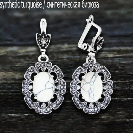 Vintage Plumflower Natural Jades Quartz Earrings For Women Antique Silver Plated Lapis Lazuli Tiger Eye Stone Fashion Earring - Charlie Dolly