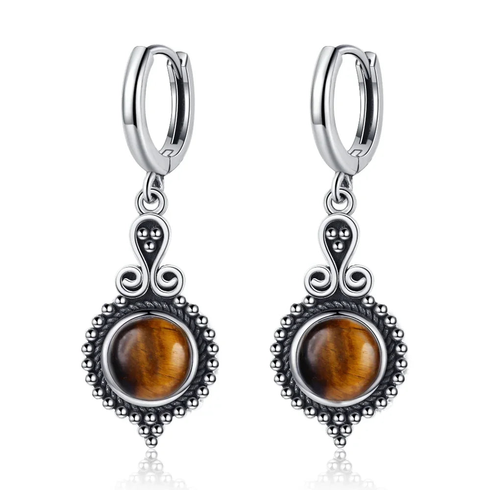 Natural Stone Sun Flower Hoop Earrings for Women, Vintage Antique Silver Turquoise Amethyst Labradorite Dangle Earring Wholesale