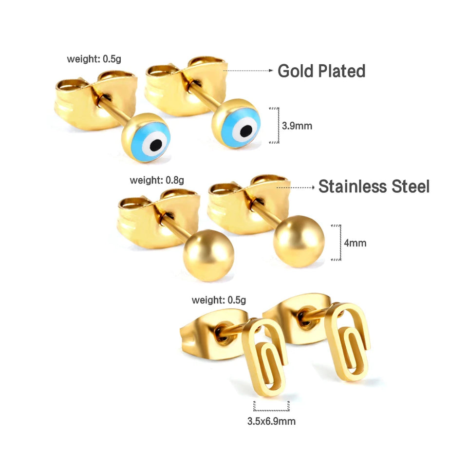 LUXUSTEEL 3 أزواج بوهو الملونة مستديرة عيون الشر وأقراط للنساء الرجال مطلية بالذهب الفولاذ المقاوم للصدأ طقم مجوهرات الأذن التركية