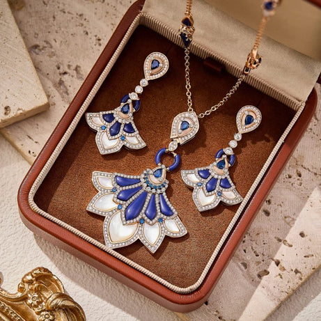 Designer Collection Stud Earrings Necklace Women Lady Inlay Cubic Zircon Mother Of Pearl Lapis Lazuli Dinner Party Jewelry Set - Charlie Dolly