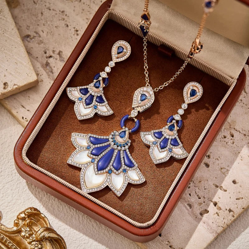 Designer Collection Stud Earrings Necklace Women Lady Inlay Cubic Zircon Mother Of Pearl Lapis Lazuli Dinner Party Jewelry Set