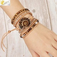 CSJA Natural Stone Bracelets Green Fluorite Crystal Aventurine Bead Leather Wrap Bracelet Multilayer Boho Jewelry Pulseira G118