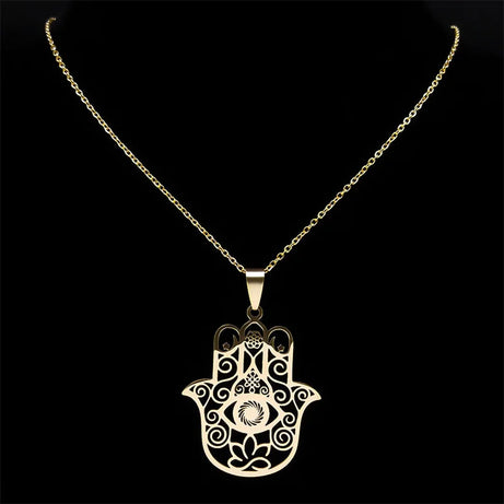 Hamsa Hand of Fatima & Lotus Interfaith Necklace, Muslim & Jewish Sacred Talisman