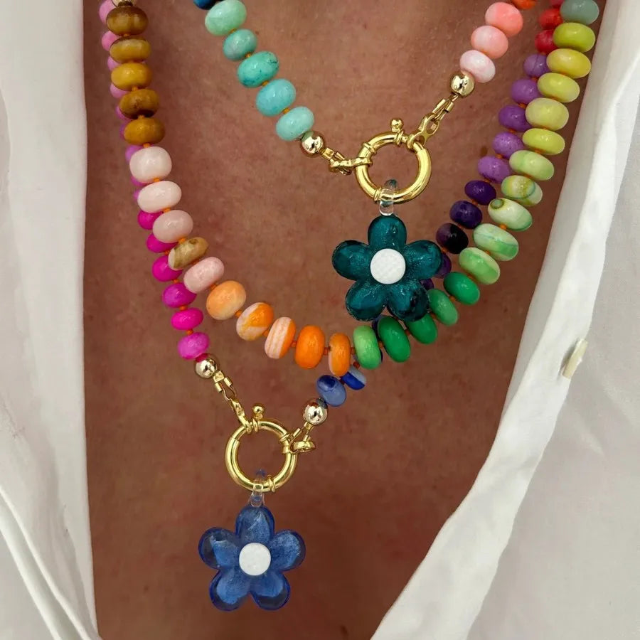 Women Chunky Gemstone Rainbow Boho Bead Choker Natural Stone Surfer Beach Necklaces 14K Gold Plated Summer Handmade Jewelry