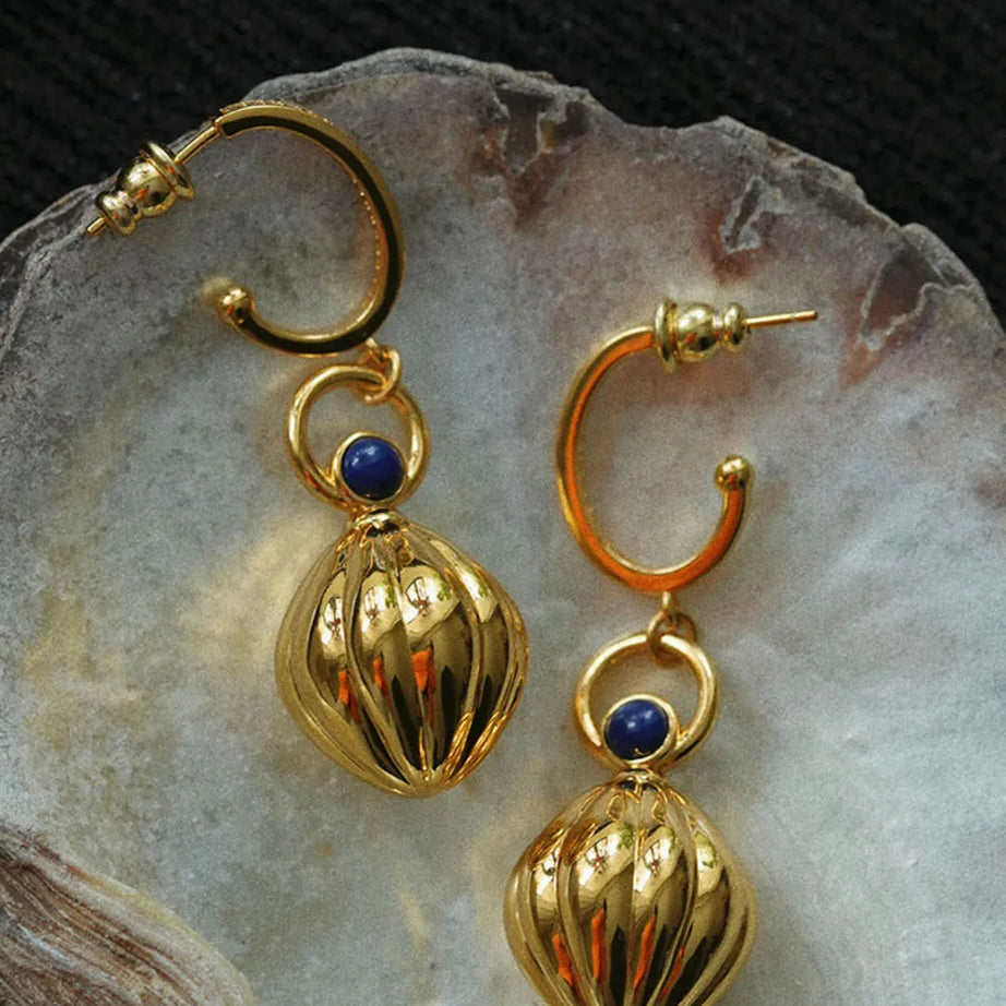 Nutmeg series original design retro artistic lapis lazuli earings long Ancient gold crafts glossy earrings for women jewelry - Charlie Dolly