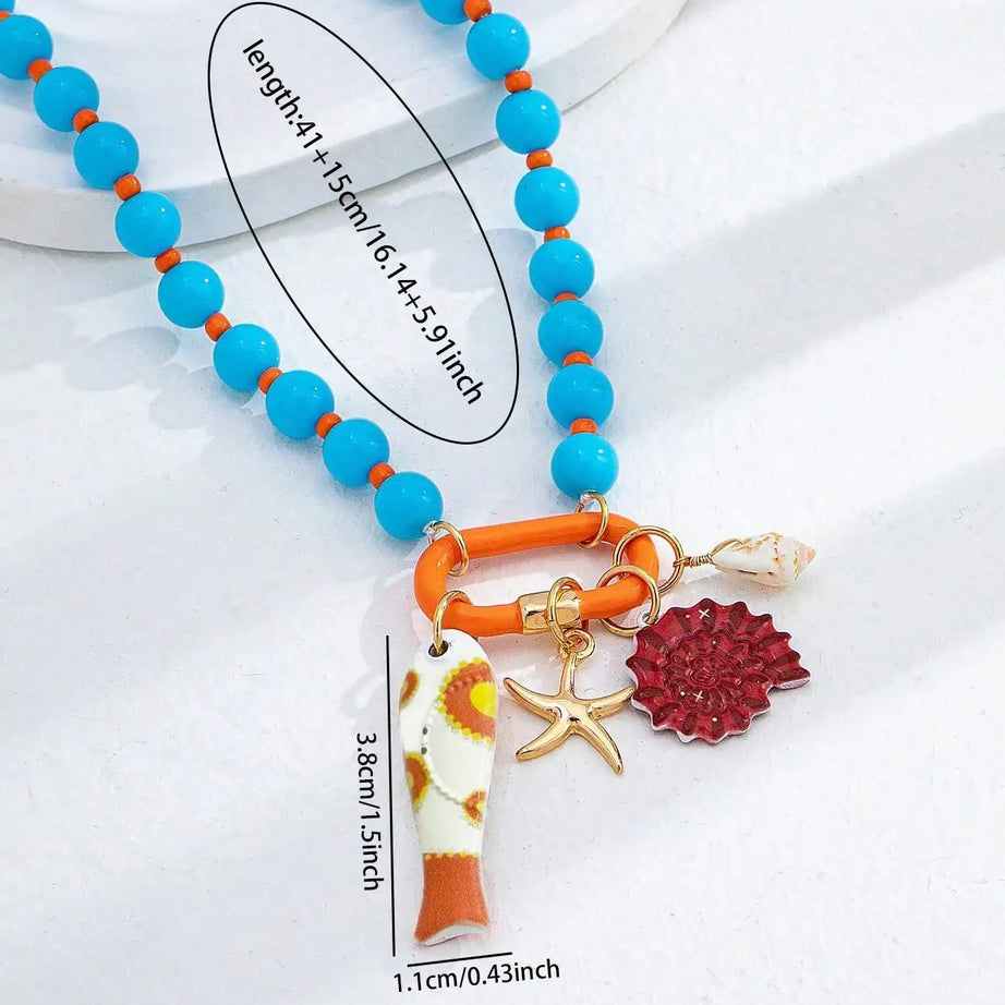 Fish Starfish Charm Resin Bead Layered Necklace Jewelry
