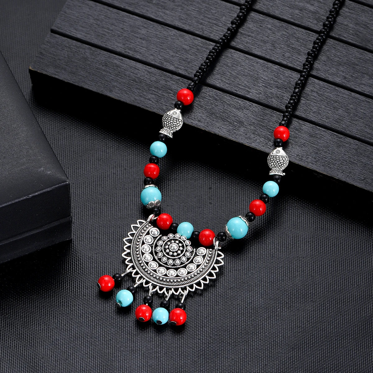 Flower Bead Turquoise Tassel Long Necklace Jewelry