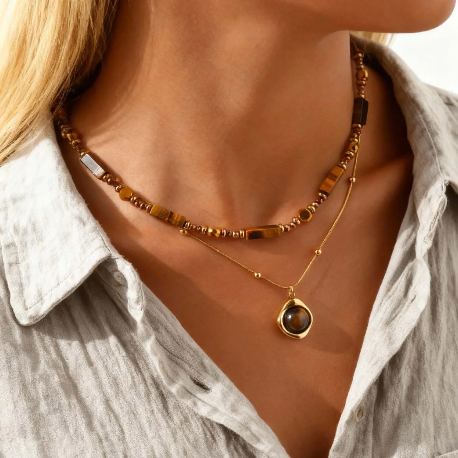 Natural Tiger Eye Necklace for Women, Boho Beaded Pendant Layered Collarbone Chain with Irregular Stone Jewelry