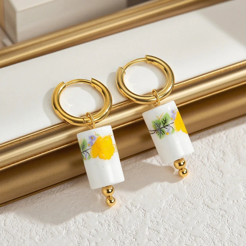 Boho Ceramic Earrings With Handmade Designs Stainless Steel Colorful Fish/Flower Motifs Ear Hoops Trendy Women's Accessories