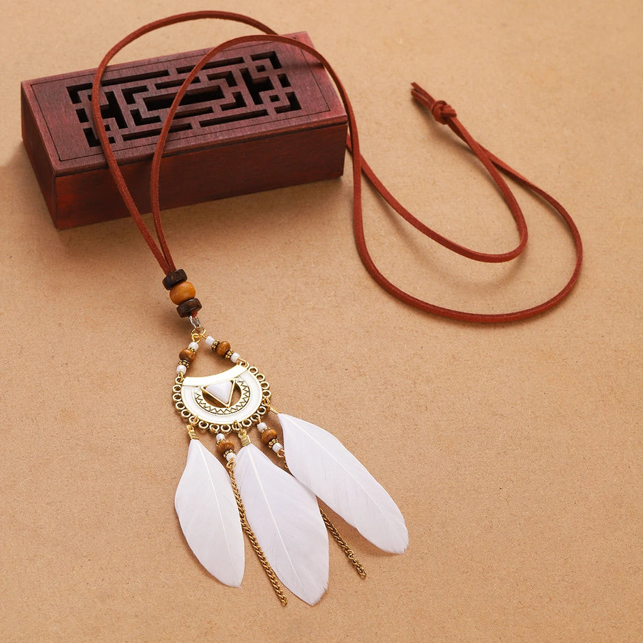 Rope Bead Feather Pendant Long Necklace Jewelry