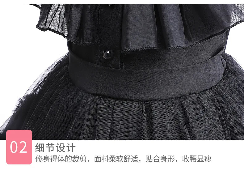 Wednesday Adams Children's Clothing Girls' New Mesh Flying Sleeves Solid Color Party Dress Halloween Gothic Style Cosplay Dress - Charlie Dolly