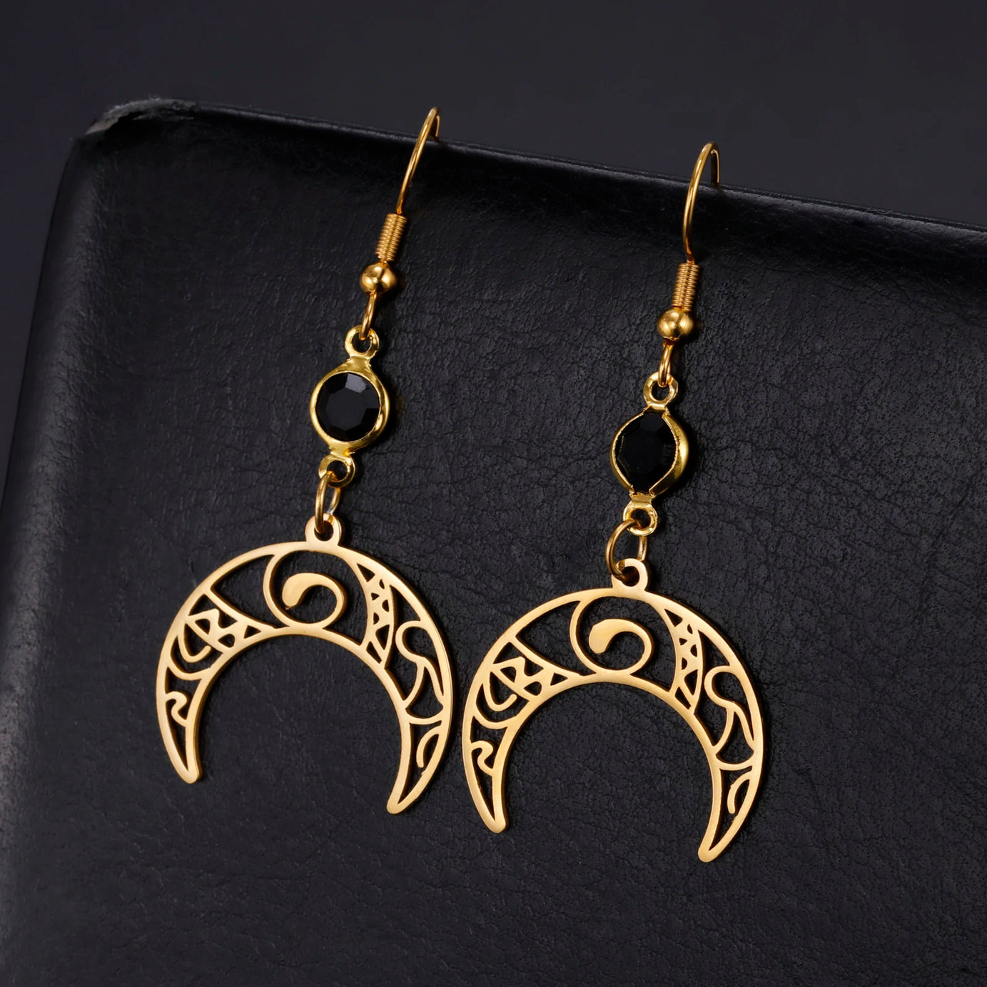 Triple Moon, Rune & Pentagram Hoop Earrings, Stainless Steel Witchy Amulet