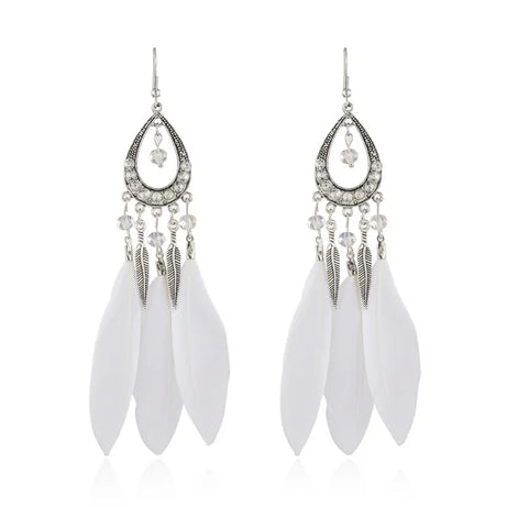 Feather Crystal Tassel Boho Dangle Earrings Jewelry
