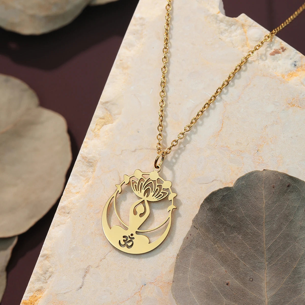 Kinitial Buddhism Yoga Lotus Flower Pendant Necklace For Women Stainless Steel OM Buddha Crescent Moon Amulet Protector Jewelry