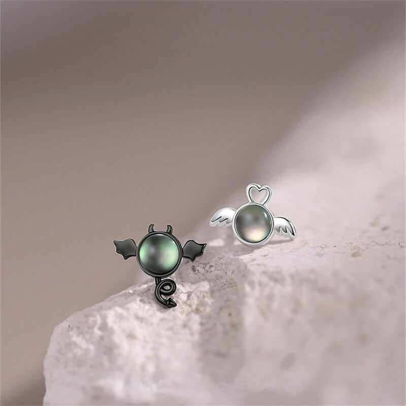 Angel and Devil Stud Earrings Asymmetric Opal Planet Astronaut Cute Animal Cat Earrings For Women Party Jewelry - Charlie Dolly