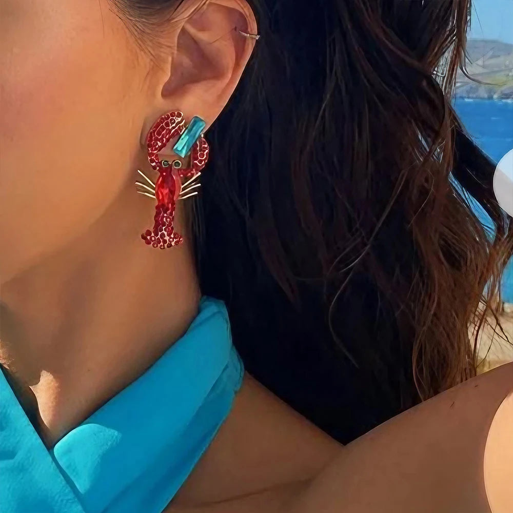 Beach Red Rhinestone Lobster Earrings Vacation Party for Women New in Boho Ocean Style Crystal Dangle Earrings Summer Jewelry