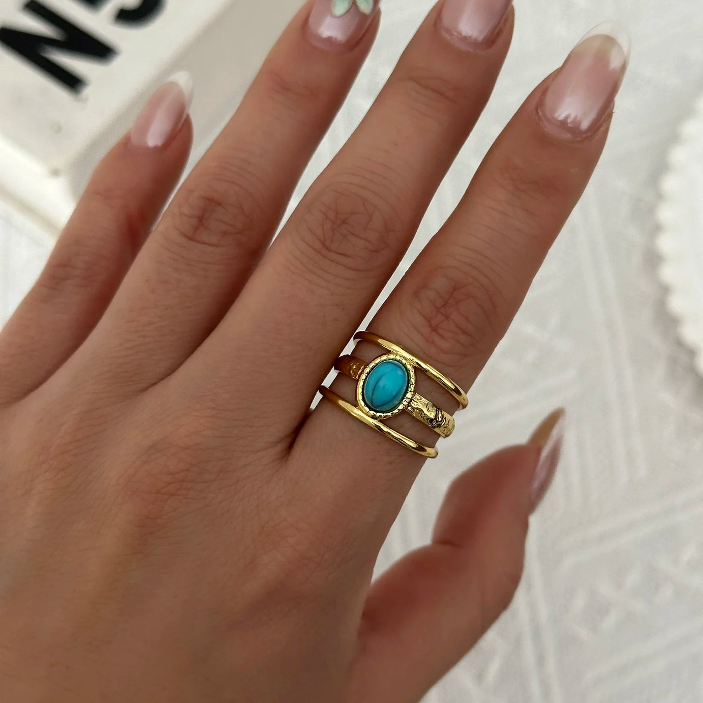 Vintage Boho Turquoise Tiger Eye Stone Rings For Women Stainless Steel Natural Stone Open Finger Ring Party Aesthetic Jewelry - Charlie Dolly