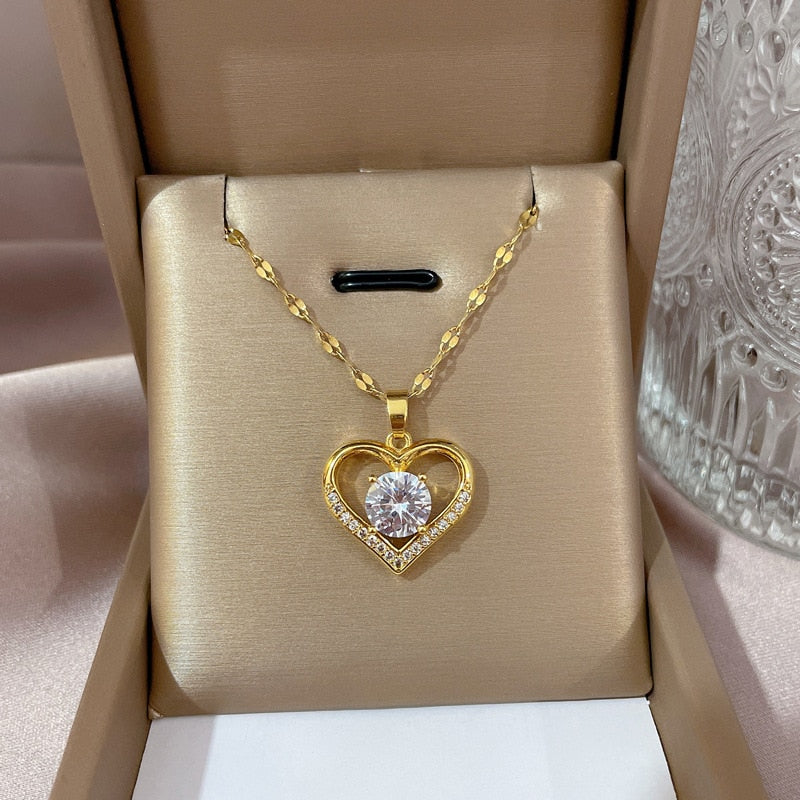 Artificial Gems Heart Pendant Necklace for women 2022 Golden Stainless Steel Lips Neck Chain Female Necklaces Jewelry for Girl - Charlie Dolly