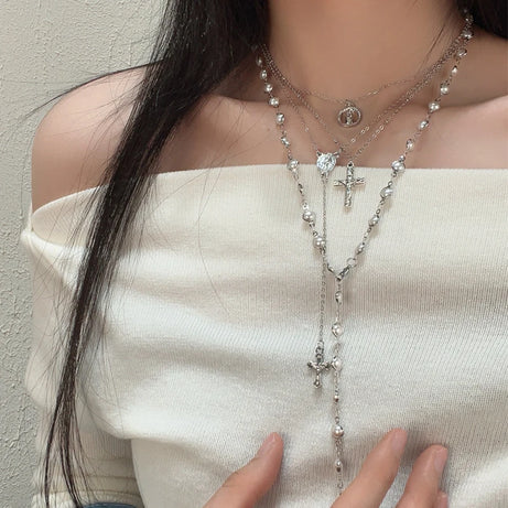 Cross Pendant Pearl Stacked Multilayer Necklace Jewelry