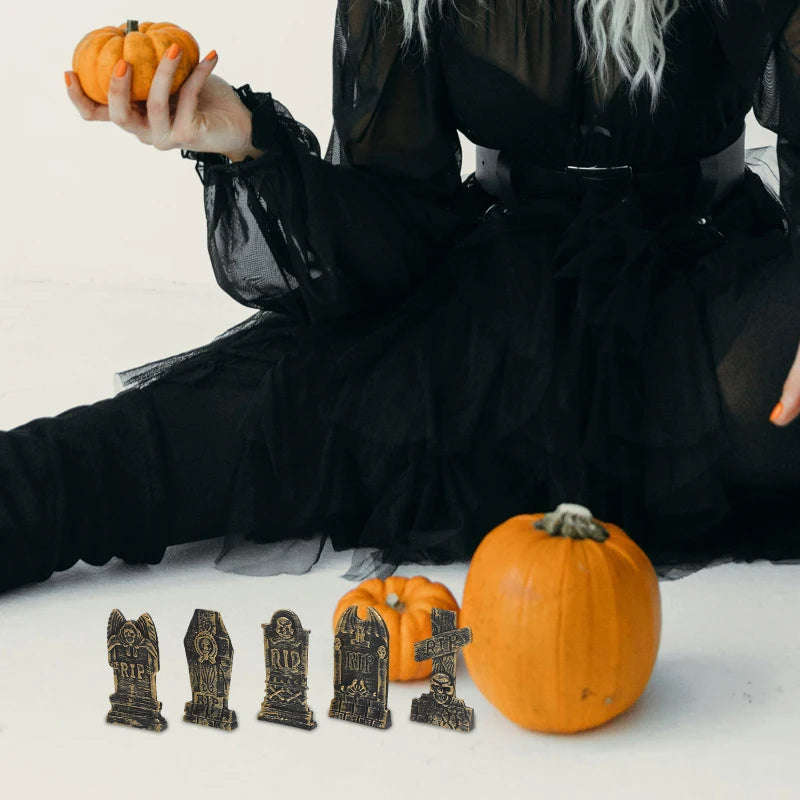 10 Pcs Halloween Decorations Skull Tombstone Craft Fake Ornaments Decorative Small Gravestone Plastic Headstone Shape Adornment - Charlie Dolly