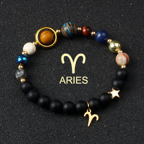 Eight Planets & Twelve Zodiac Beaded Bracelet, Natural Stone Cosmic Astrology Talisman