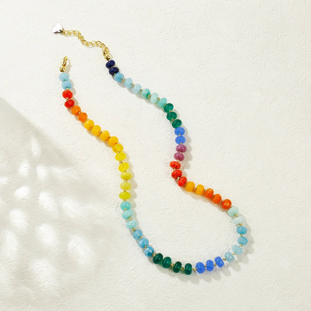 Badu Rainbow Gemstone Beaded Necklace Colorful Natural Stone Choker Necklace Summer Beach Vacation Women's Fashion Boho Jewelry