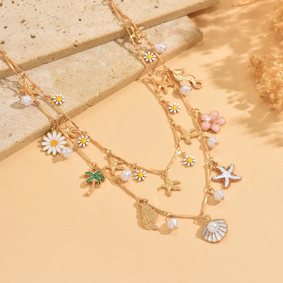 Daisy Starfish Pearl Double Layer Necklace Jewelry