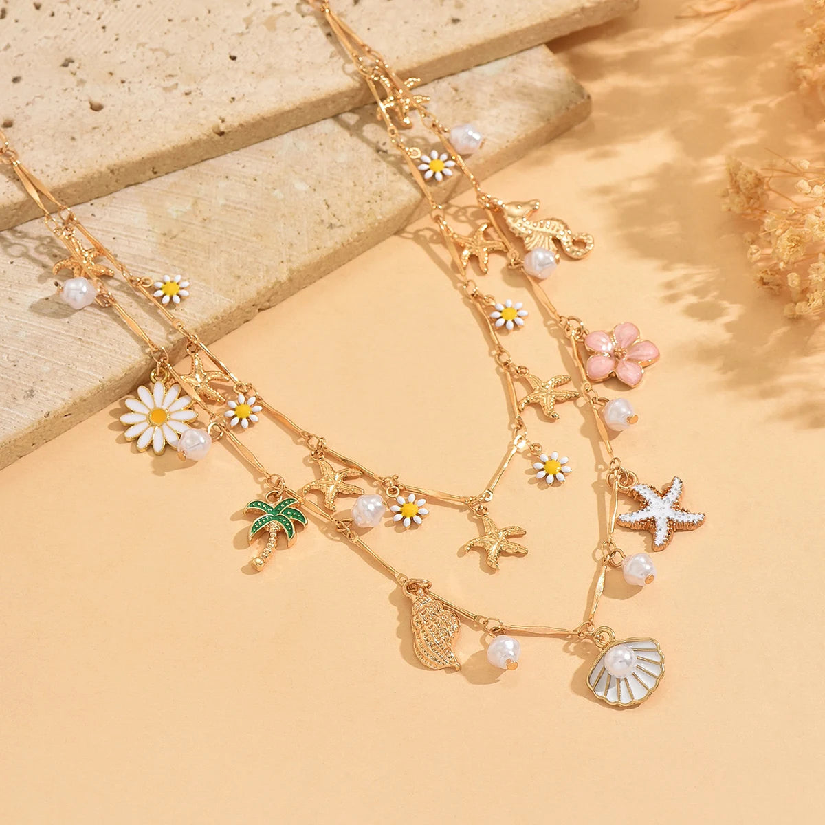 Daisy Starfish Pearl Double Layer Necklace Jewelry