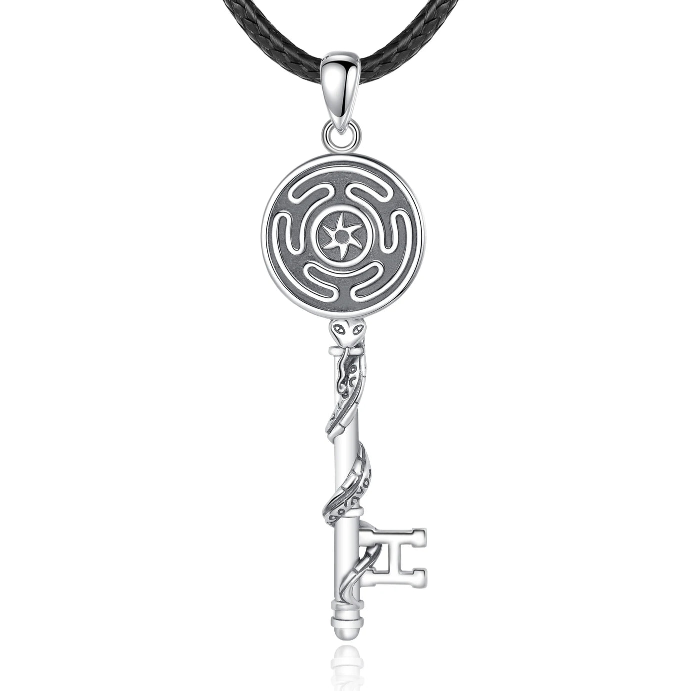 S925 Sterling Silver Hecate Wheel, Snake & Key Pendant Necklace, Triple Goddess Witch Pagan Amulet