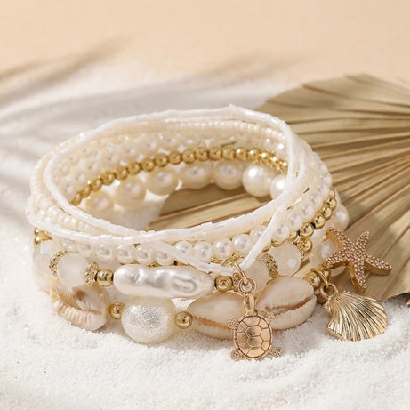Sea Turtle, Starfish and Cowrie Shell Layered Pearl Bracelet