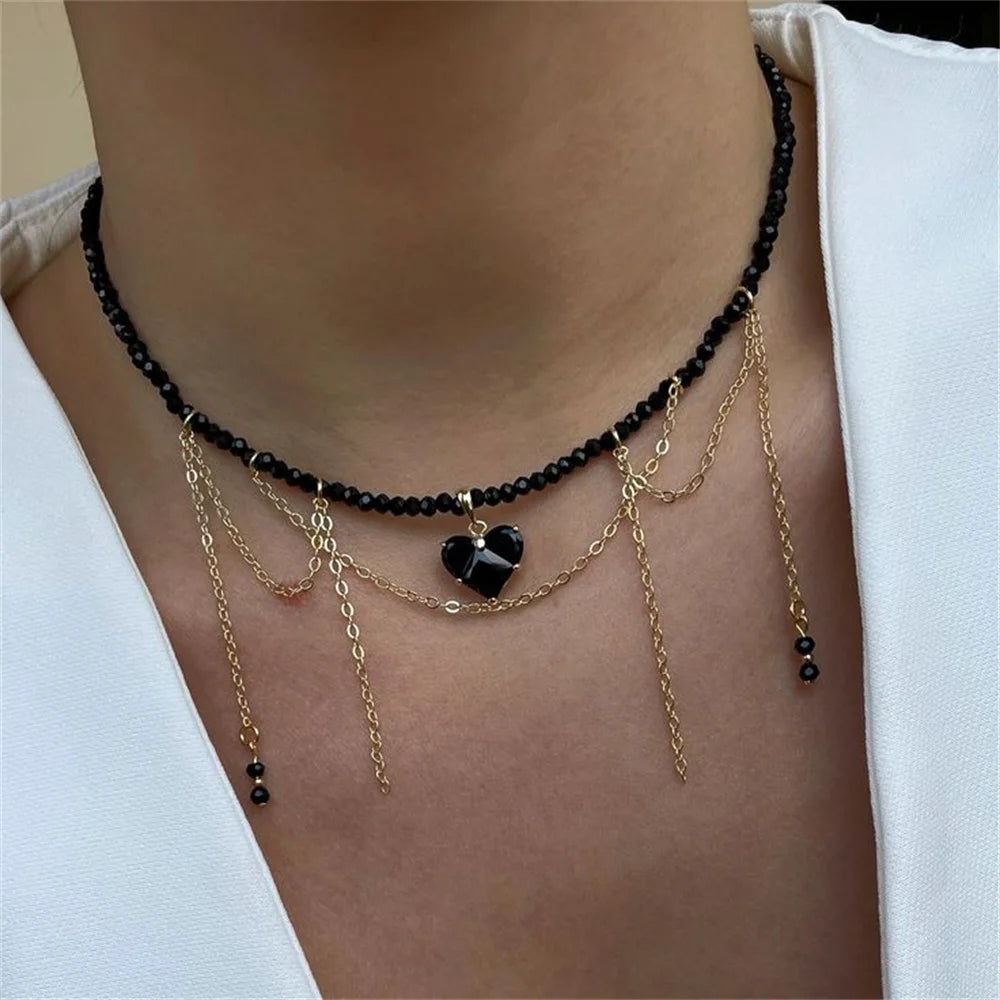 Baroque Zircon Heart Tassel Necklace Jewelry