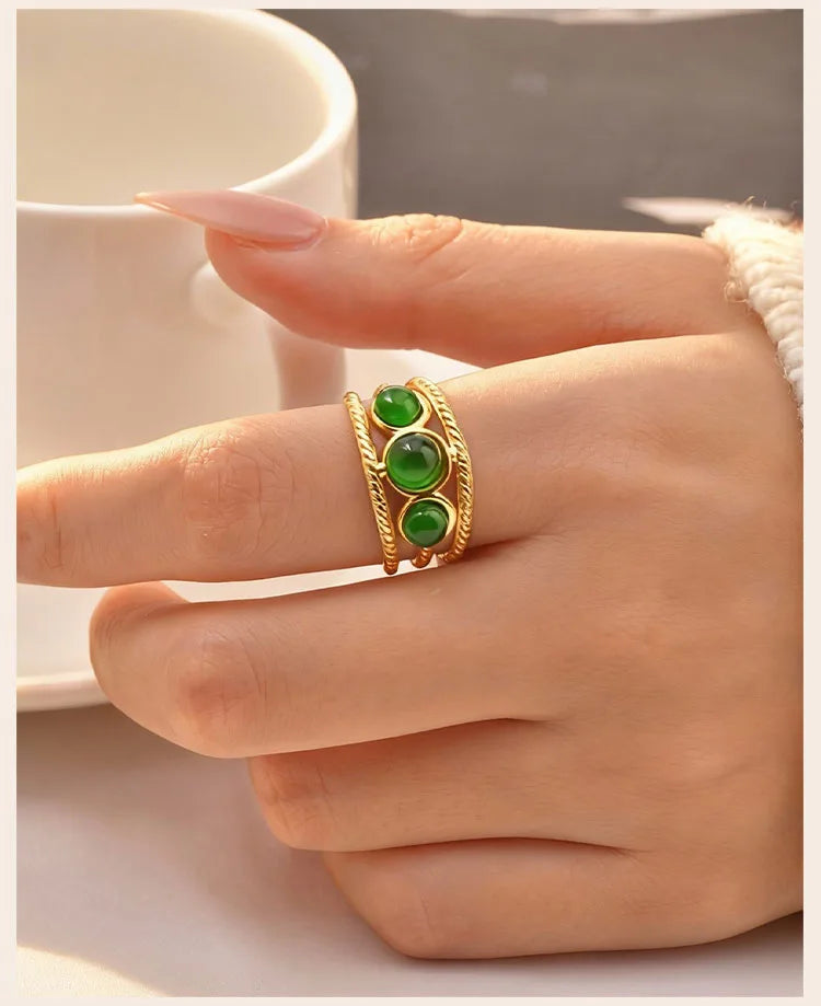 Luxury Bohemian Turquoise Ring for Women, Fashion Stainless Steel Nature Stone Open Adjustable Rings Boho Jewelry
