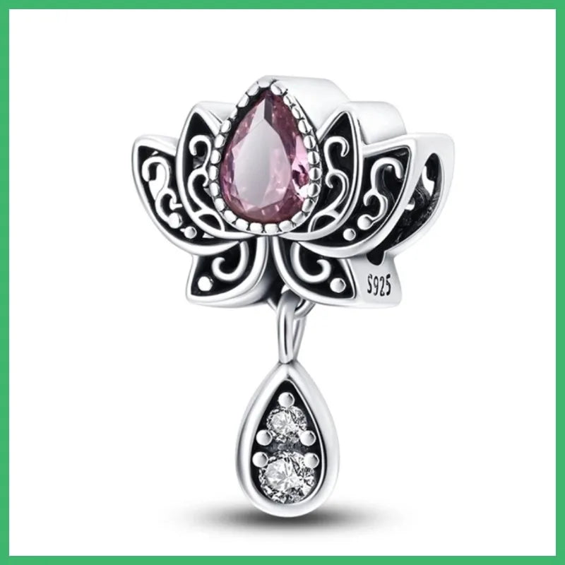 925 Sterling Silver lotus Charms Pendant with Cubic Zirconia,Fit DIY bracelet necklace Gift for Her，Colgante Plata