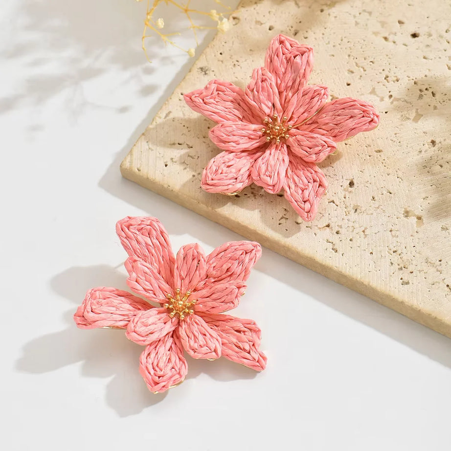Raffia Woven Flower Boho Earrings Jewelry