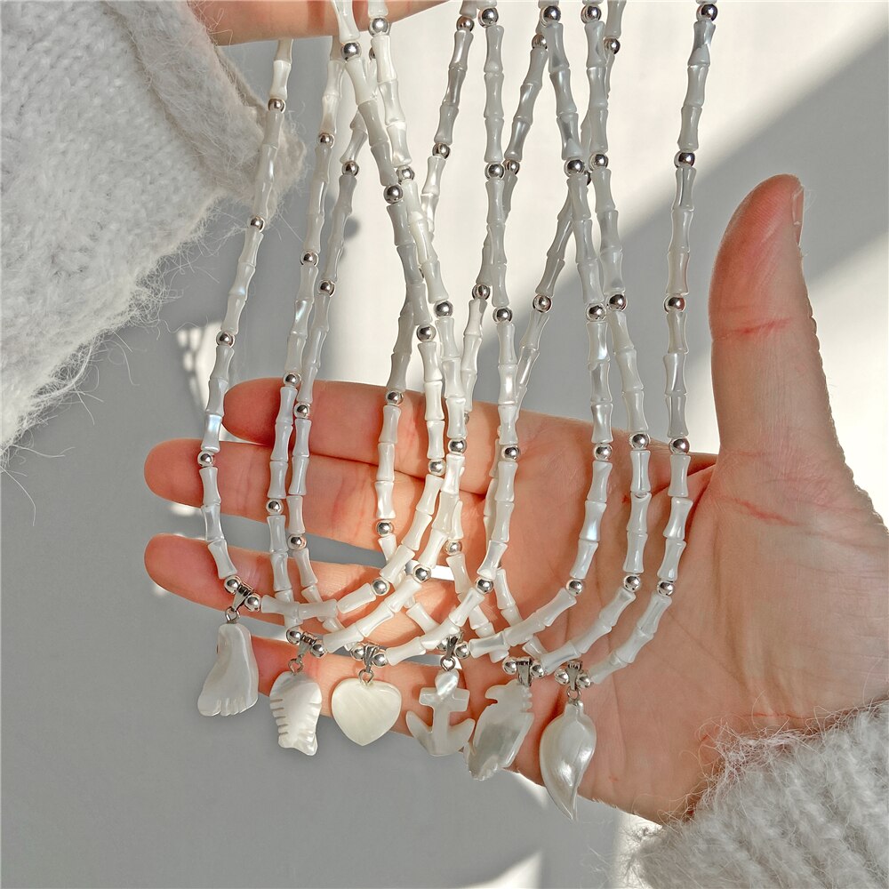 White Shell Necklace Summer Natural Mother of Pearl Shell Pendant Necklace for Women Heart Leaf Chokers Female Jewelry Boho Gift - Charlie Dolly