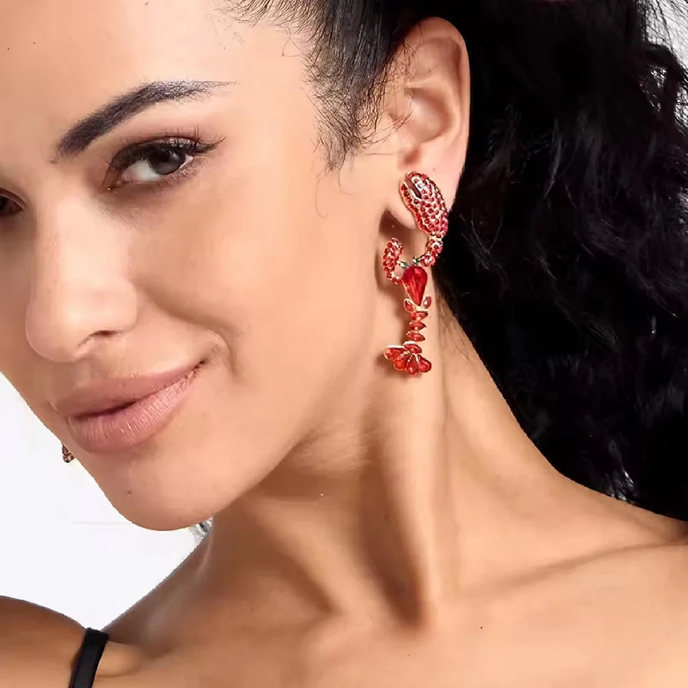 Beach Red Rhinestone Lobster Earrings Vacation Party for Women New in Boho Ocean Style Crystal Dangle Earrings Summer Jewelry