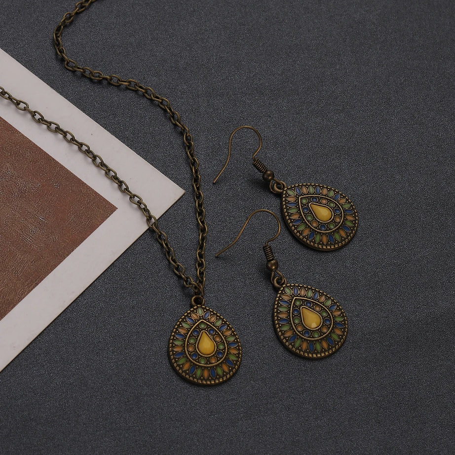 Colorful Bead Flower Necklace Earring Set Jewelry