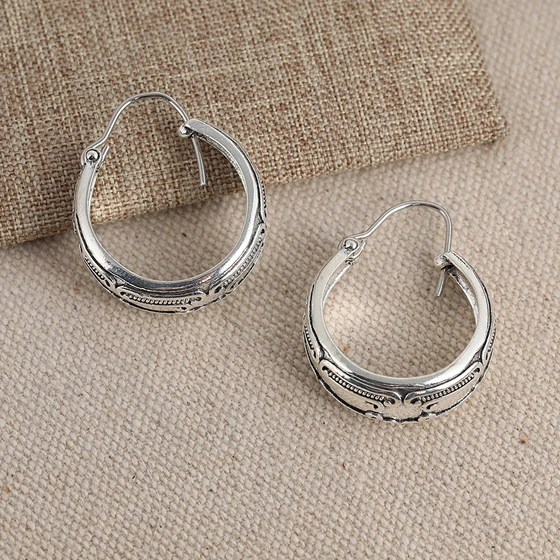 Boho Earrings, Silvery Color Women Earrings, Artisian Earrings , Gift for Her , Silvery Textured Hoop Earrings