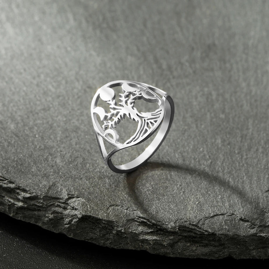 Moon Phase Tree of Life Ring, Stainless Steel