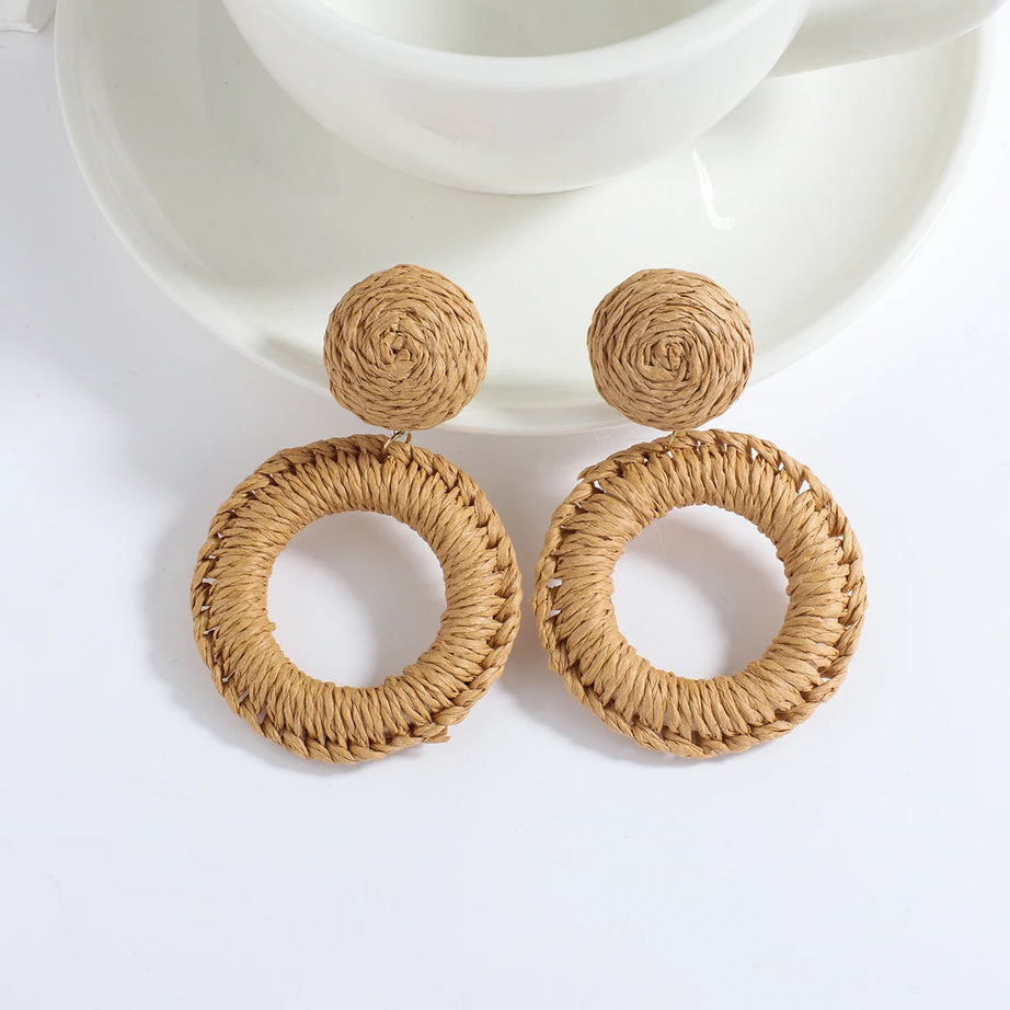 Wooden Rattan Braid Geometric Drop Earrings Jewelry