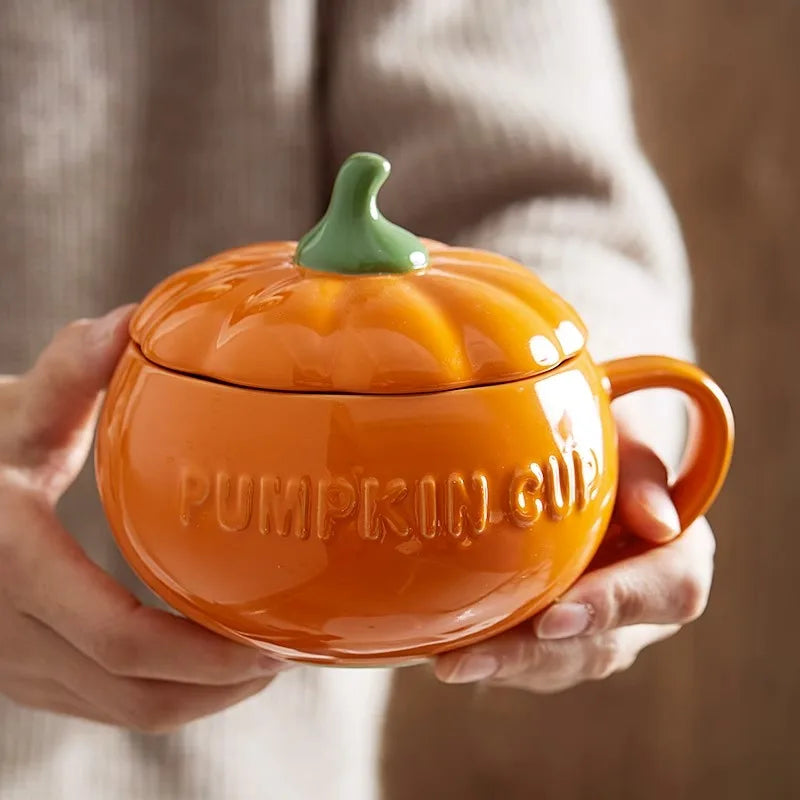 300/450ML Halloween Pumpkin Shaped Ceramic Cup With Spoon Kawaii Soup Mug With Lid  Oatmeal Cup Creative Water Cup - Charlie Dolly