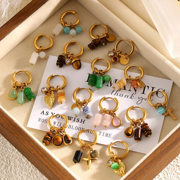Jolivie Stainless Steel Natural Stone Earrings Women Bohemia Vintage Hoop Earrings for Women Ear Trendy Jewelry Gift