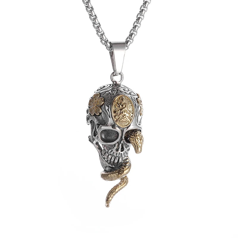 Vintage Gothic Snake Coiled Demon Skull Pendant Necklace for Men Boys Rock Party Halloween Jewelry Gift - Charlie Dolly