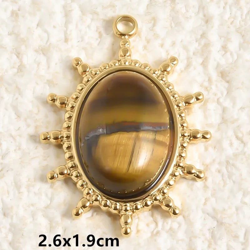 5pcs Real Natural Stone Tiger Eye Charm Sun Eye Oval Boho Pendant Gold Color Stainless Steel Pendants For Jewelry Making Finding