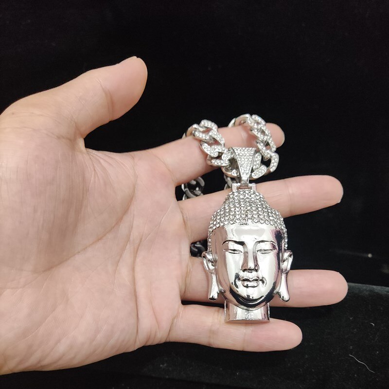 Men Women Hip Hop Buddha Pendant Necklace with 13mm Crystal Cuban Chain HipHop amulet Necklaces Fashion Charm Jewelry Best Gifts - Charlie Dolly