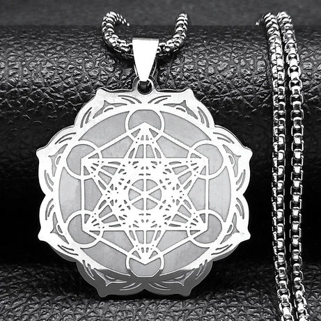 Metatron Cube & Archangel Sacred Geometry Necklace, Flower of Life Lotus Amulet